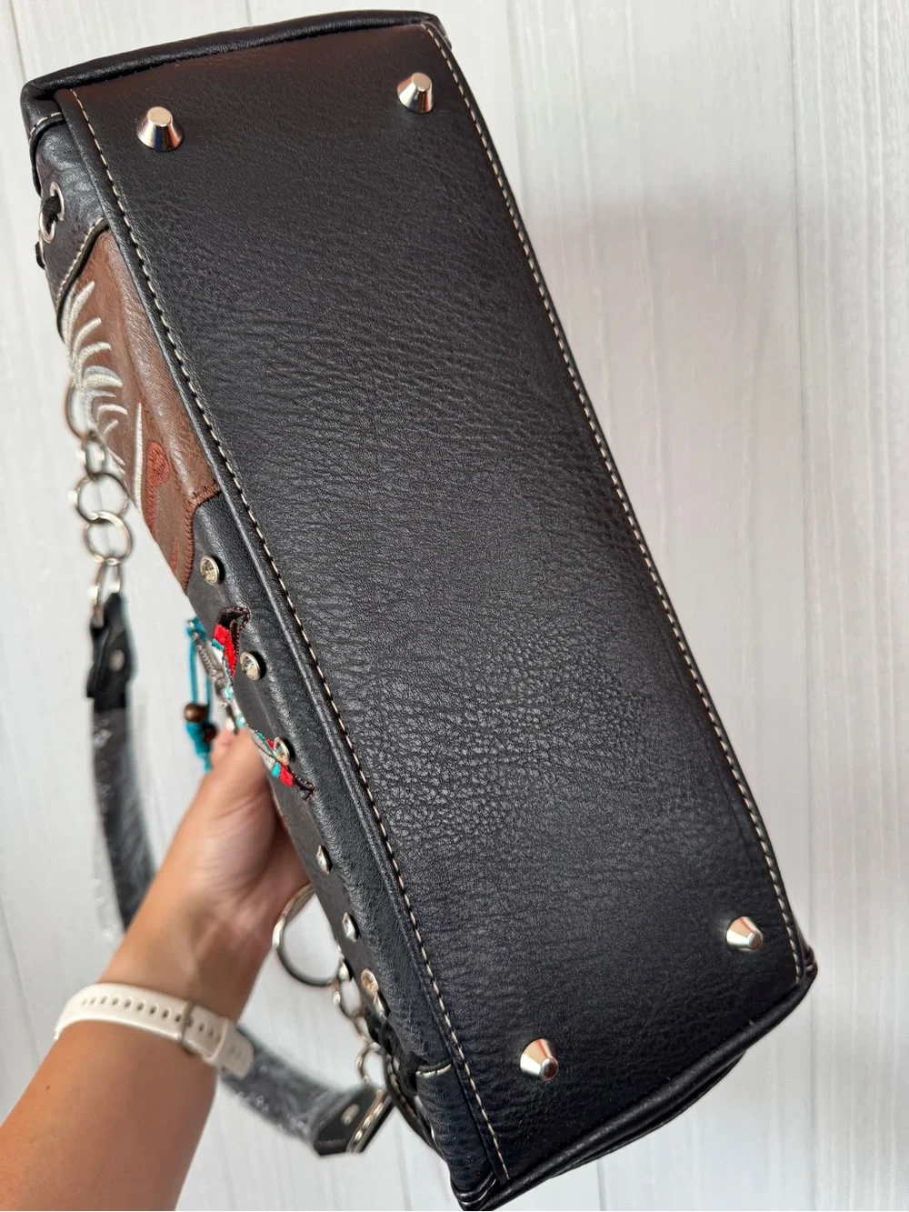 Black Embroidered Horse Satchel and Wallet Set
